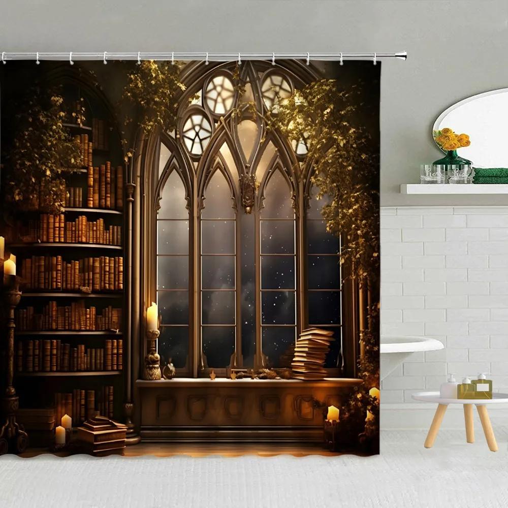 3D Library Shower Curtain, Vintage Bookshelf Books Gothic Magic Polyester Printed Fabric Bathroom Decorative Bathtub Accessories