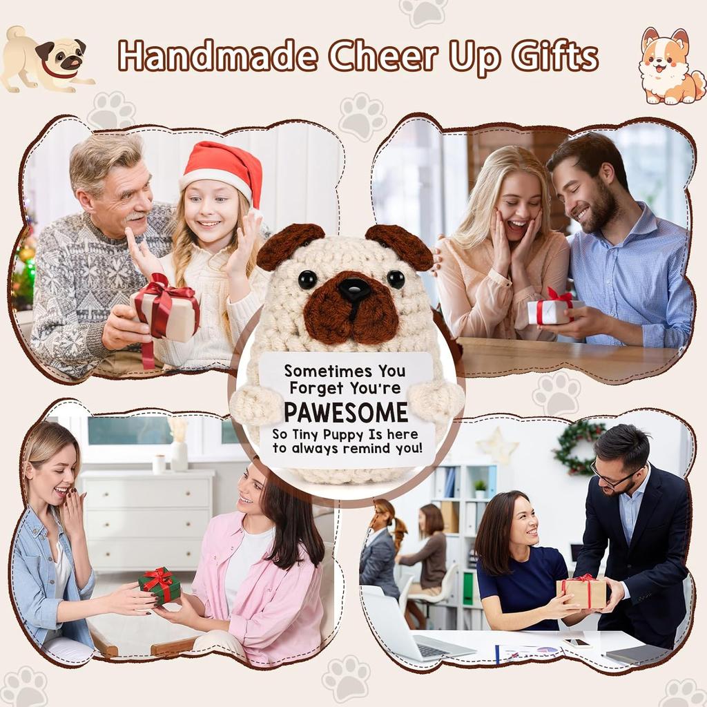 Funny Crochet Positive Energy Puppy With Card Desktop Ornament Handmade Knitted Emotional Support Dog doll Home Room Decoration