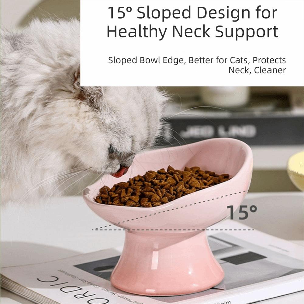 Flower Shape Ceramic Cat Bowl Anti-Tip Tall Footed Elevated Cat Bowl Oblique Mouth Anti-Slip Raised Pet Bowl Pet Feeding