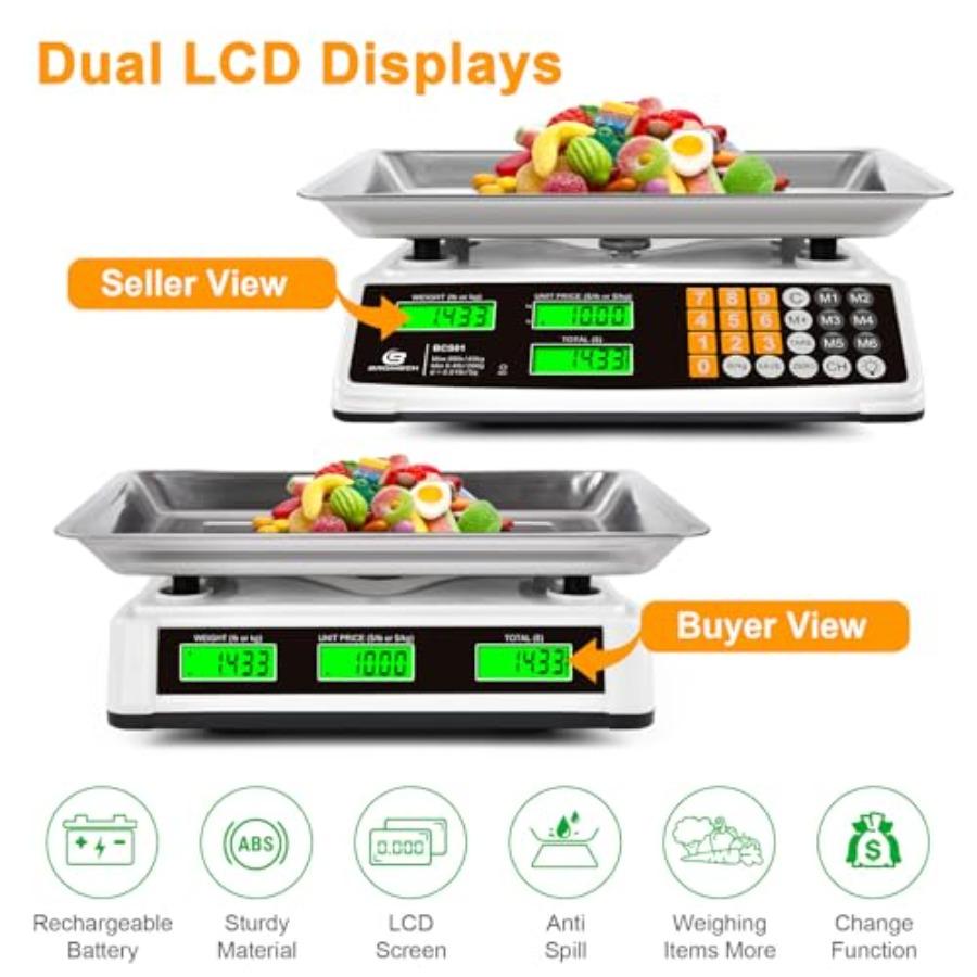 Price Computing Scale 88lb/40kg Commercial Food Scale for Produce Meat with Stainless Steel Large Platform LCD Display and Gree