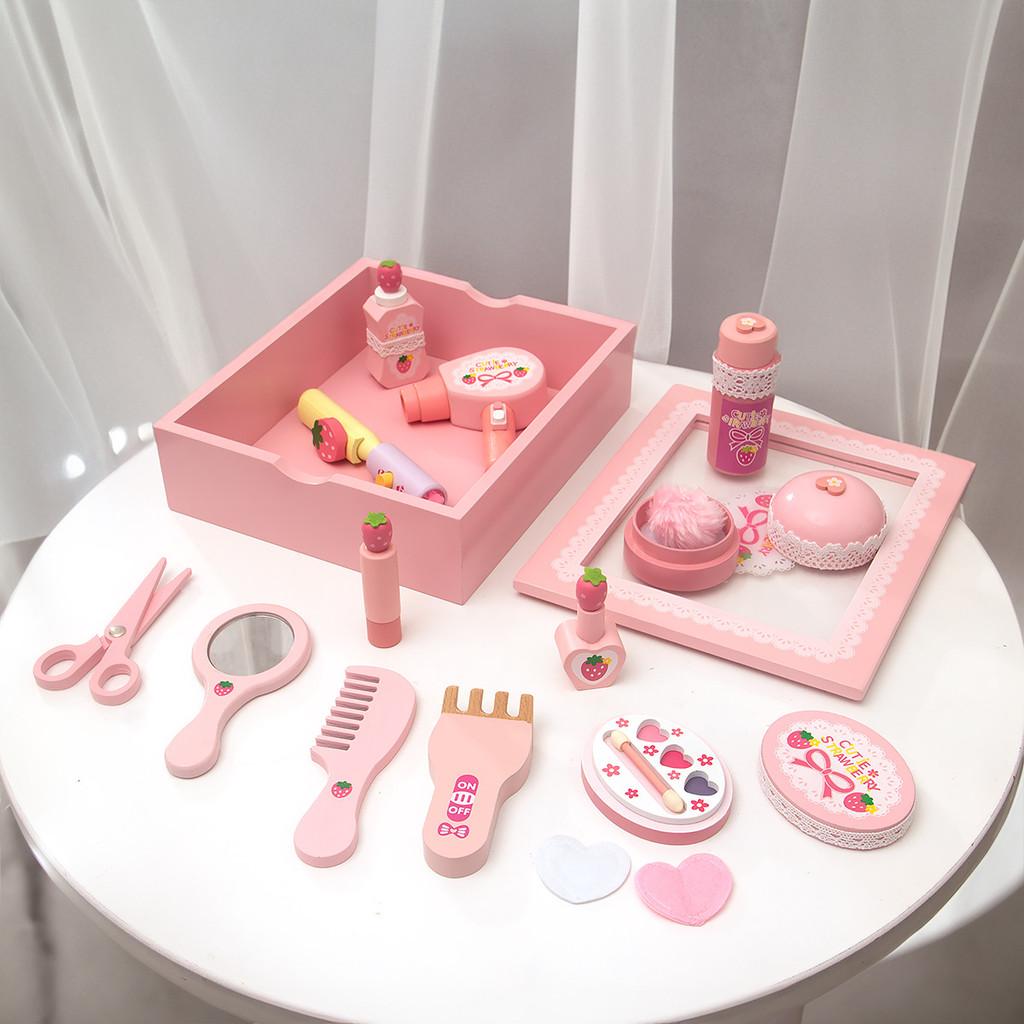 Play Wooden Makeup Box Pink Design Children Educational Development Toys Gift