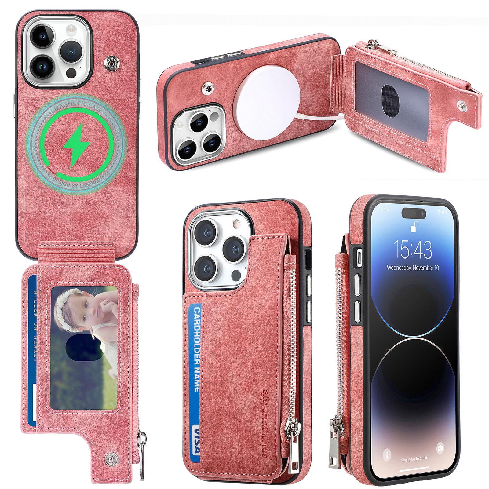 

For iPhone 15 Pro Max Magnetic Case Card Holder Kickstand TPU+Leather Back Cover Rose Pink