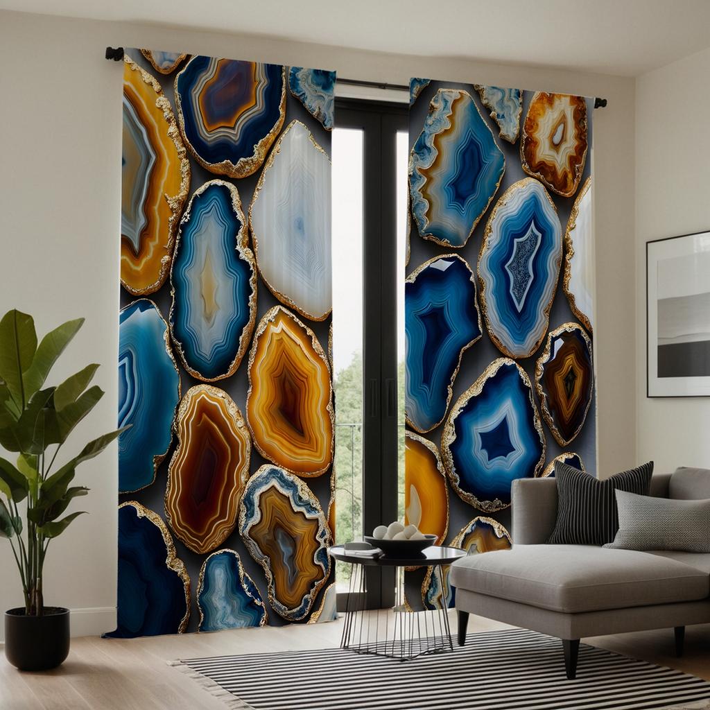 2pcs HD Decorative Curtain Nordic Light Luxury Agate Texture Pattern Blue Digital Printed Curtain Home Decoration Style Decor