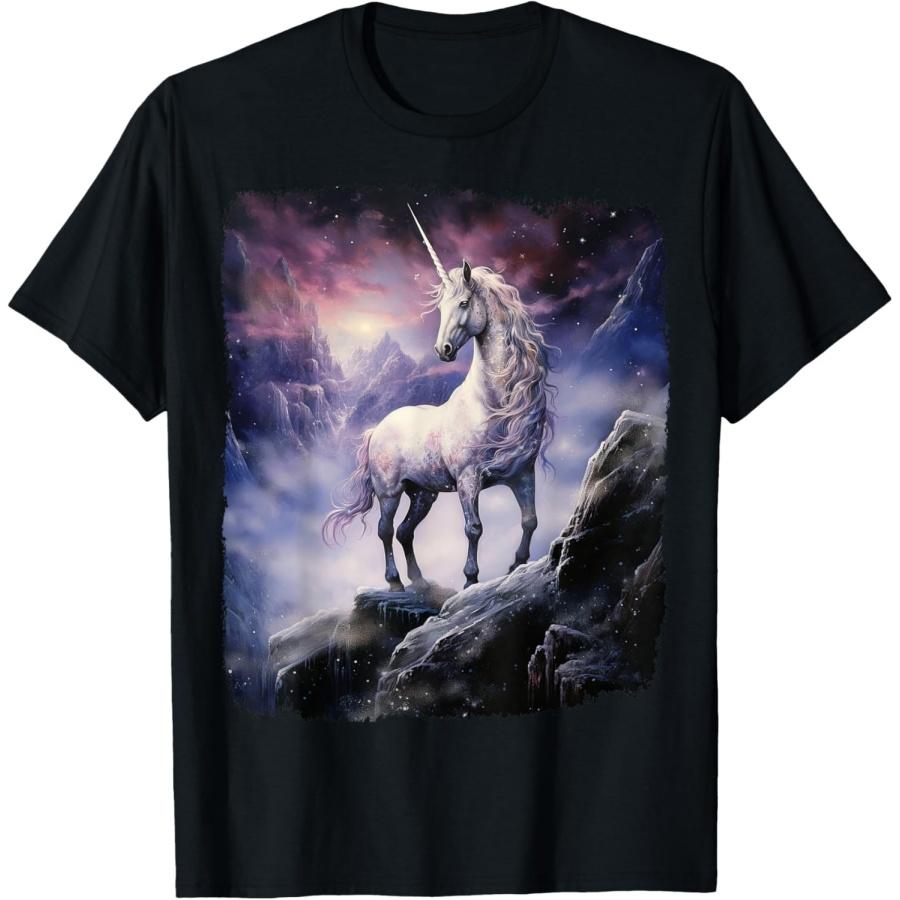 Fantasy white Unicorn standing on the snowy mountain T-Shirt XXXXXL чёрный