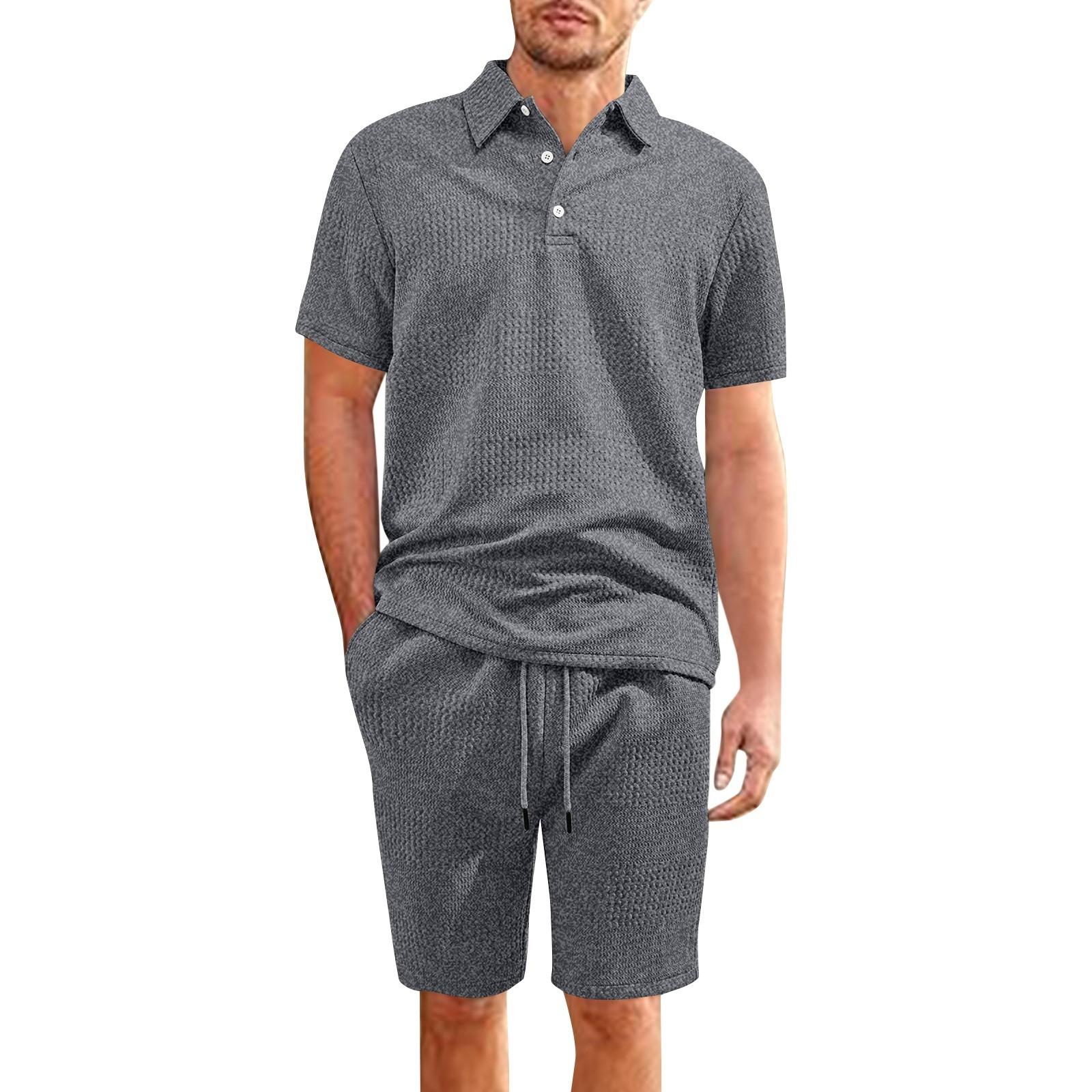 

Чоловіча літня суцільна кольорова сорочка з короткими рукавами та шортами на ґудзиках XXL