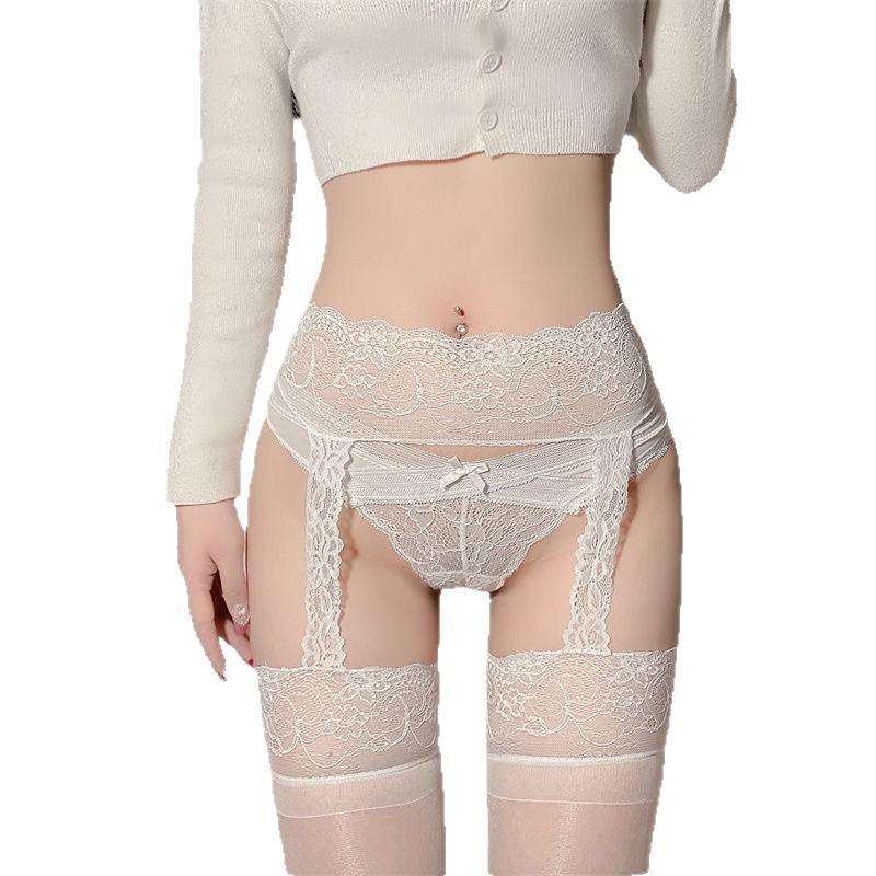 Sexy Lace Thigh-High Stockings with Spliced Suspender Design - Sheer Black One-Piece