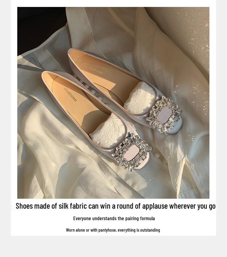 Elegant Spring & Autumn Rhinestone Buckle Square Toe Satin Flats for Women