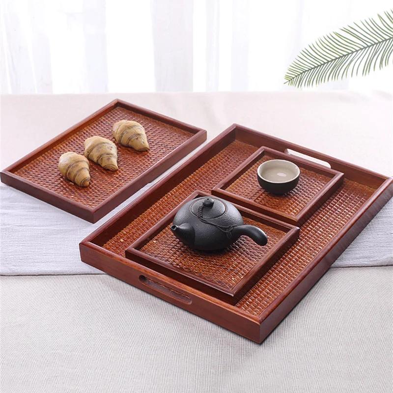 Rattan Wooden Serving Tray Storage Handle Rectangle Handmade Breakfast Tea Food Plate Dish Dinner Decorative Fruit Kitchenware