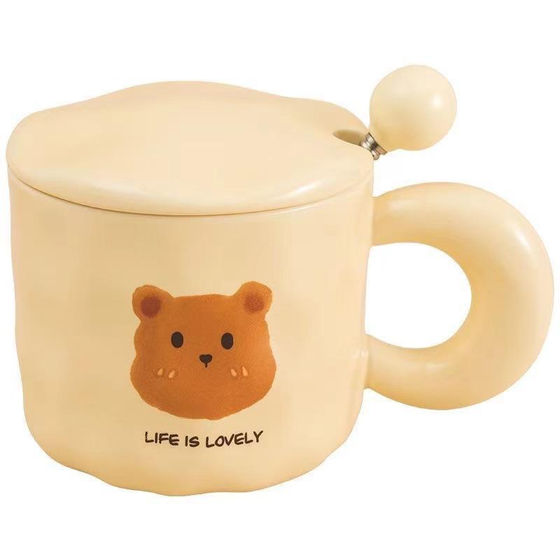 Cute Yellow Bear Mug Cute Household Water Cup with Lid Birthday High value Ceramic Cup