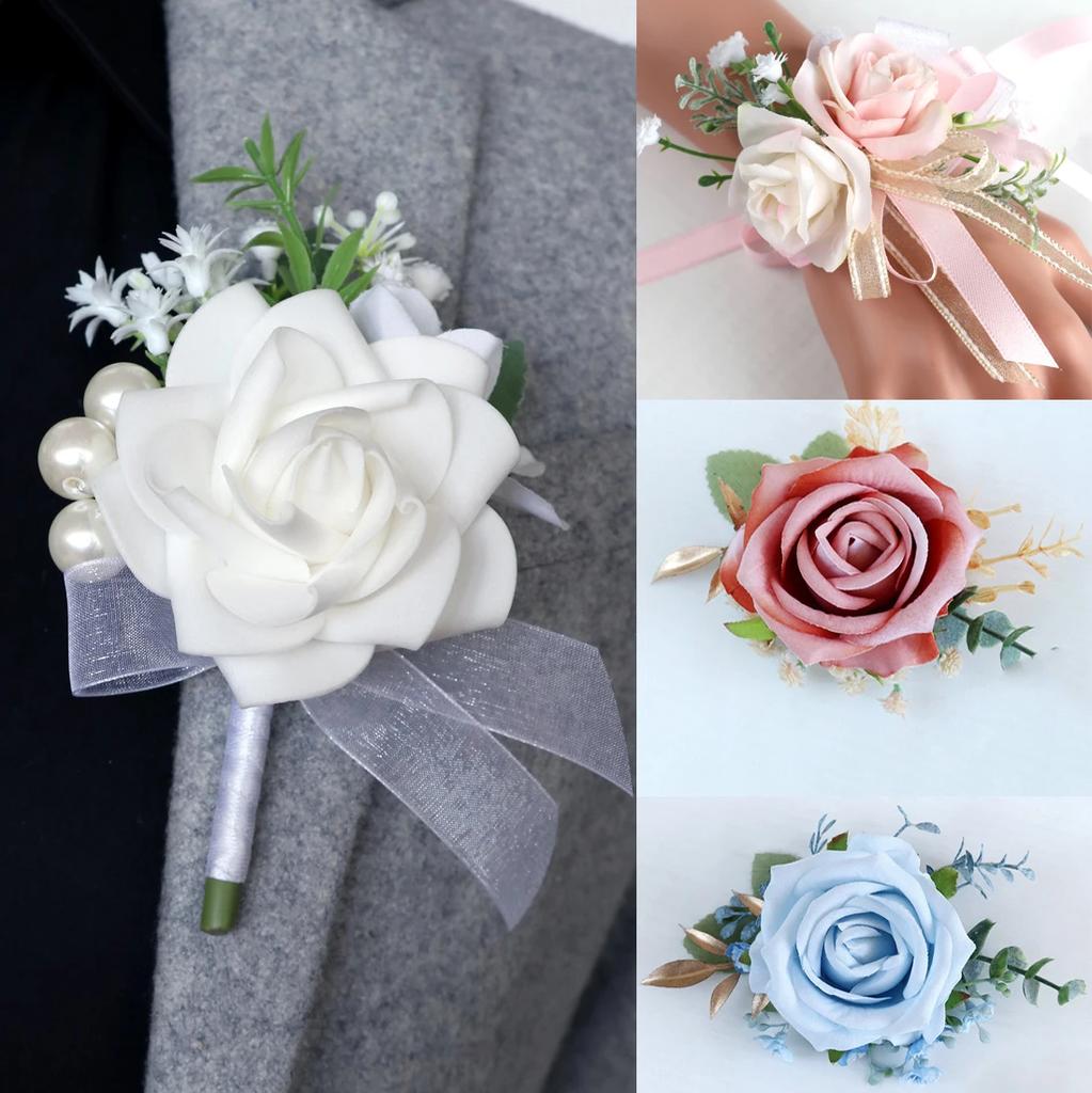 6pcs White Pink Corsage and Boutonniere Set Artificial Rose Wristlet Suit Flower for Men Wedding Party Prom Decoration