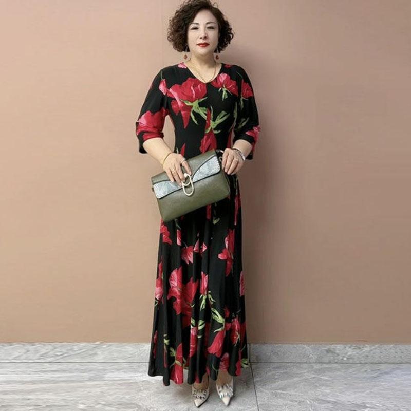 Summer Women's V-Neck Floral Casual Dress Ice Silk Linen High Elastic Long Dress A-Line Plus Size Dress