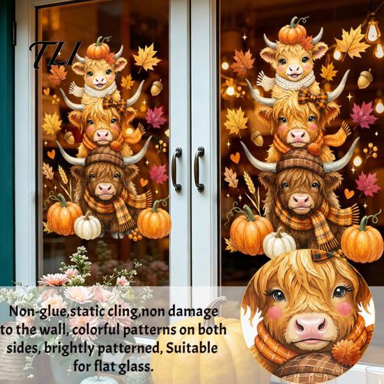 Autumn Theme Room Decor Highland Cow Window Clings, Cute Pumpkin Maple Leaves Static Party Supplies Stickers, Waterproof PVC Decals for