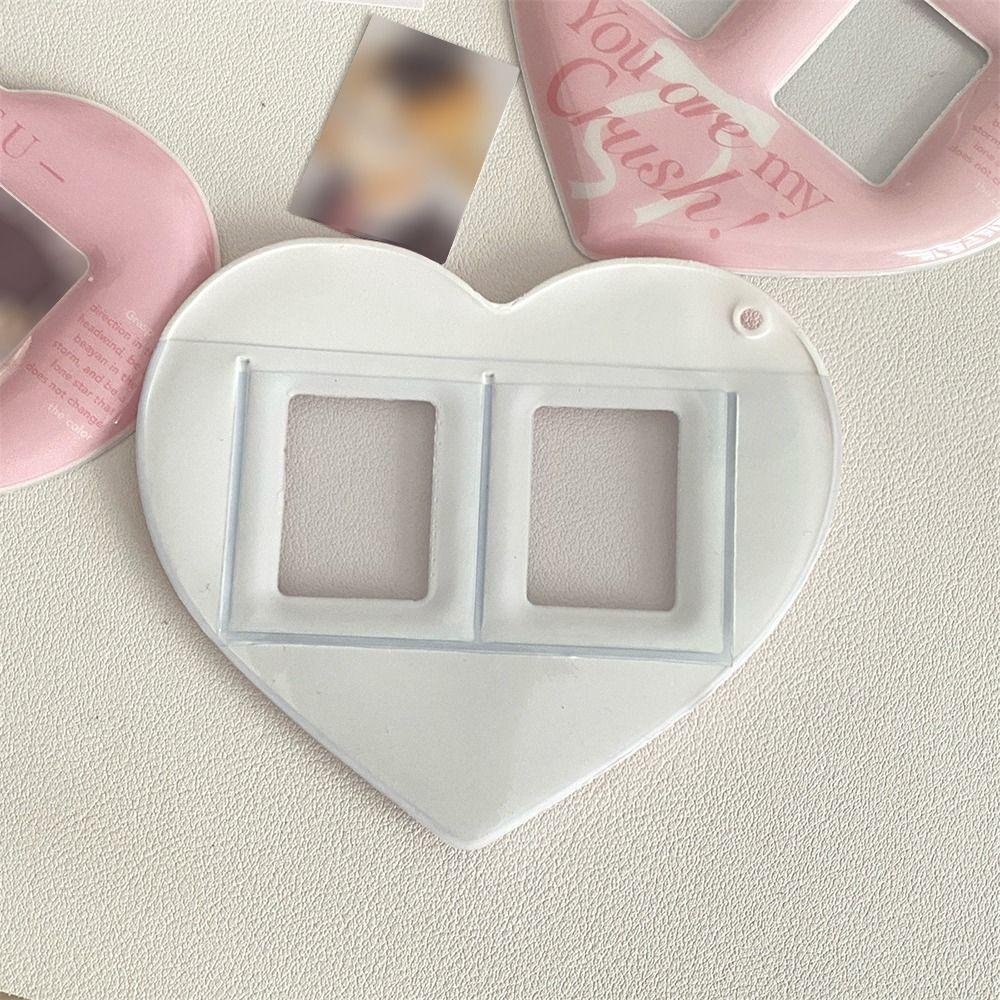 Portable Pink Card Case Heart-shaped Double-Grid Photos Protective Cover Bag Pendant Keychain Photo Card Holder
