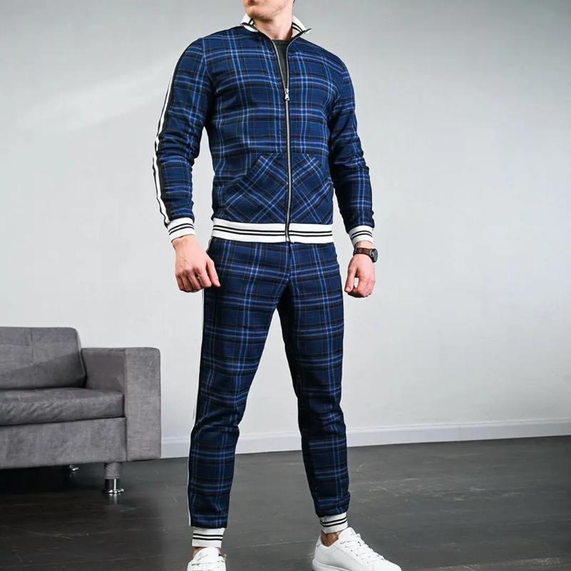 Fashion Casual Men's Tracksuit Sportswear Two Piece Outfits Gentlemen Suits Plaid Zipper Sets Brand Jacket Male Clothing Spring