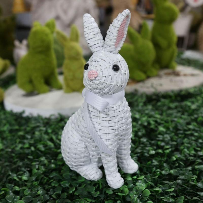 Easter Bunny Figurine Resin Rattan Woven Rabbit Statue Decorative Crafts Accessory for Indoor Outdoor Garden Yard Decor