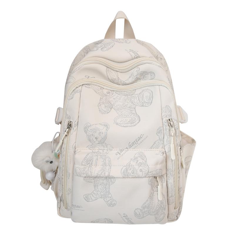 School Bag for Female Junior High School Students, Simple and Versatile Printed Bear Backpack, Niche Design, Light Backpack for High School Students
