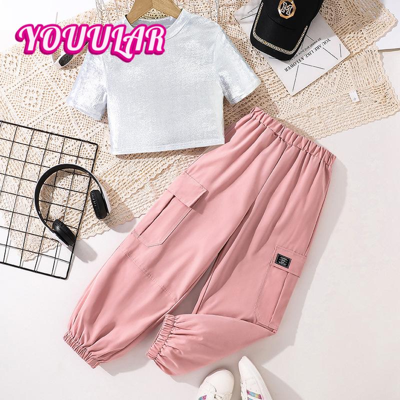 

Girls Children s Clothing 2025 Summer New Style Medium-Grand Boiled Knitted Short Sleeve Casual Work Pants 8Y рожевий