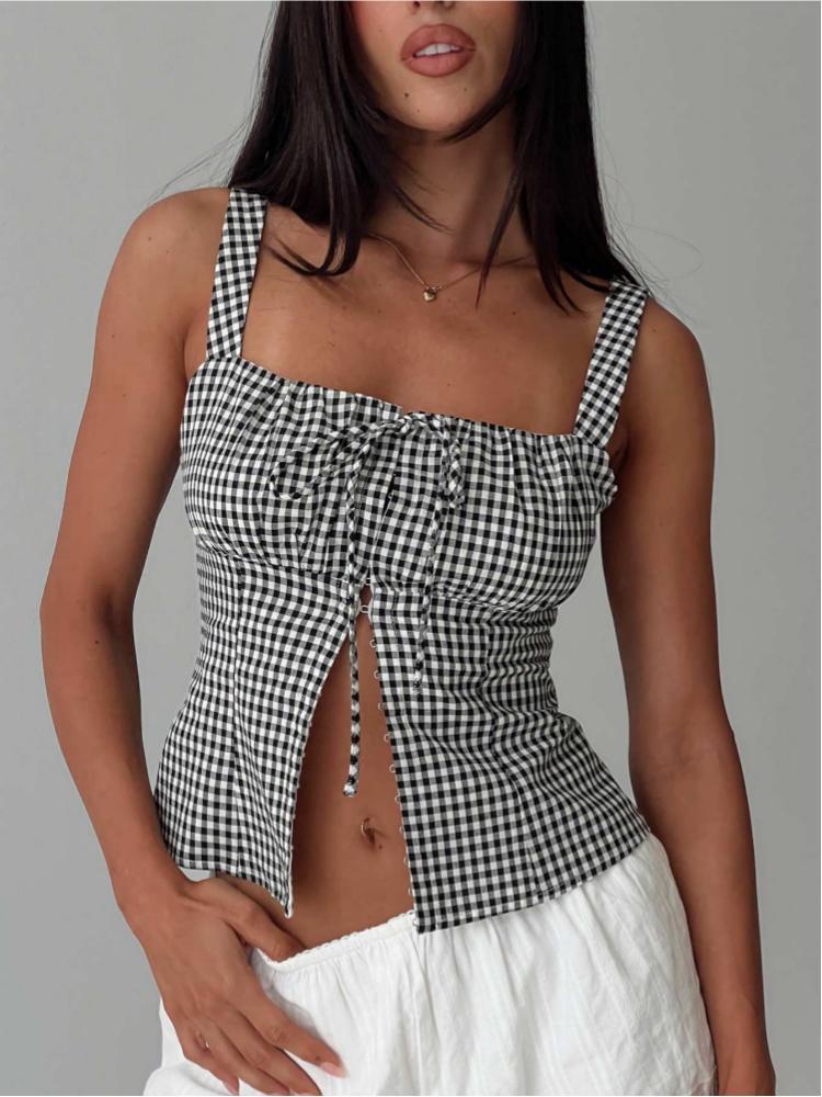 2025 Sweet & Spicy Slim-Fit Spaghetti Strap Plaid Elastic Top - European & American Summer Style