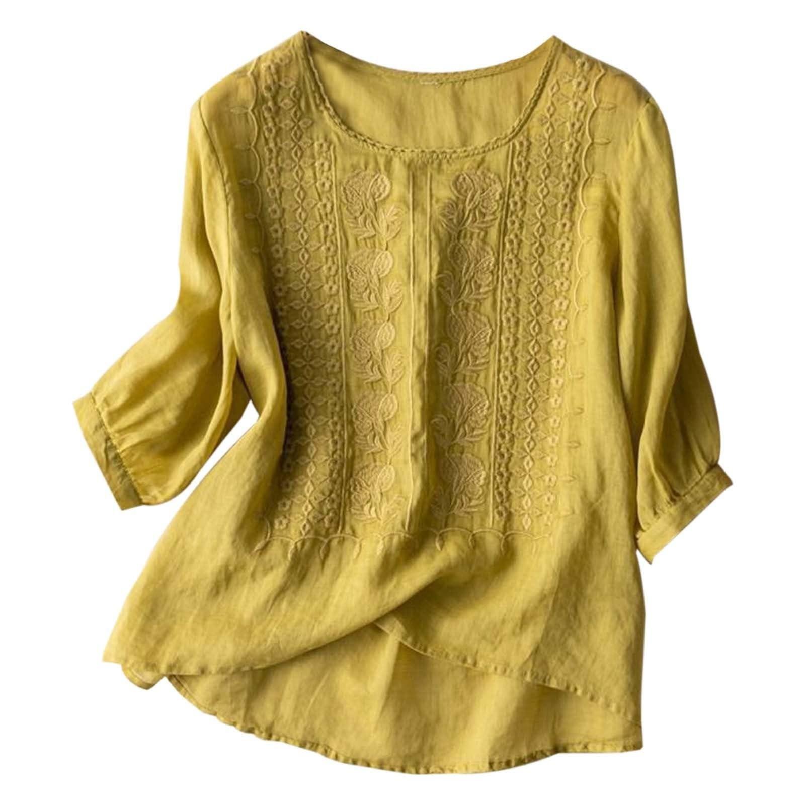 

Женская однотонная хлопковая и льняная футболка с короткими рукавами и вышивкой в стиле ретро, дышащая, с круглым вырезом XL жёлтый