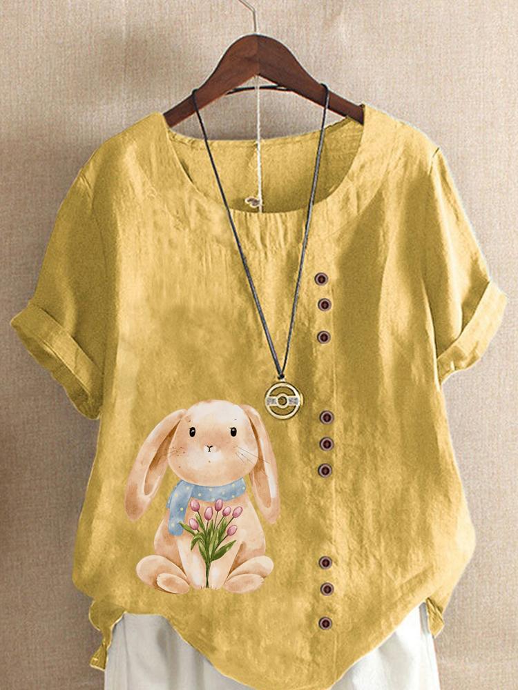 Women's Fashion Rabbit Print Casual Cotton Linen Short Sleeve Round Neck T-shirt Shirt Leisure Loose Summer Blouse Tops