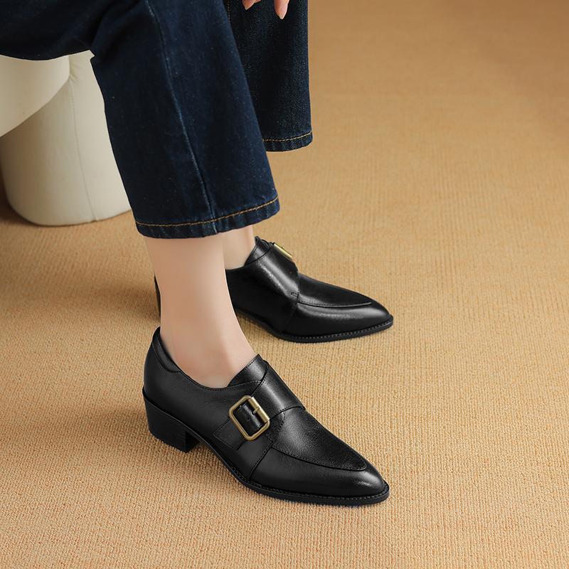 2024 New Fashion Dress Office Women Pumps Spring Summer Mature Retro Genuine Leather Fashion Pointed Toe Thick Heels Shoes Woman