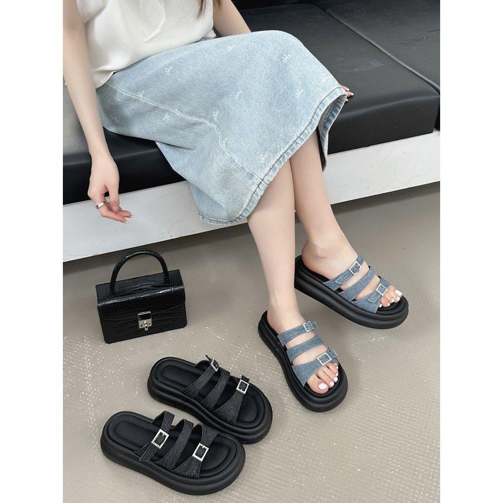 

2025 summer new muffin thick-bottomed French casual open-toed beach cool slippers women s wear 40 синій