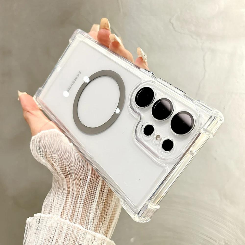 For Magsafe Transparent Magnetic Phone Case For Samsung Galaxy S25 S22 S23 S24 Ultra Plus Wireless Charging Cover Clear Case
