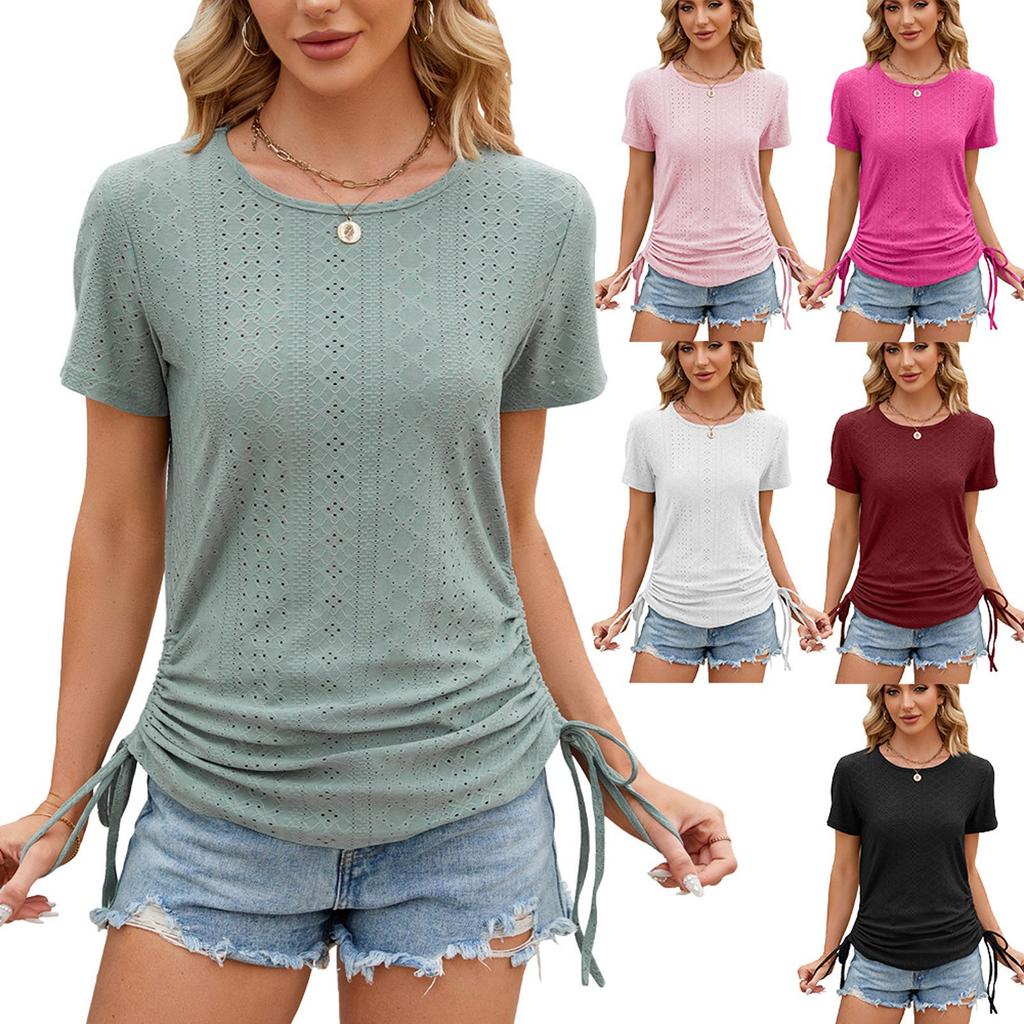 Women's Fashion Solid Round Neck Side Drawstring Short Sleeved T-shirt Top