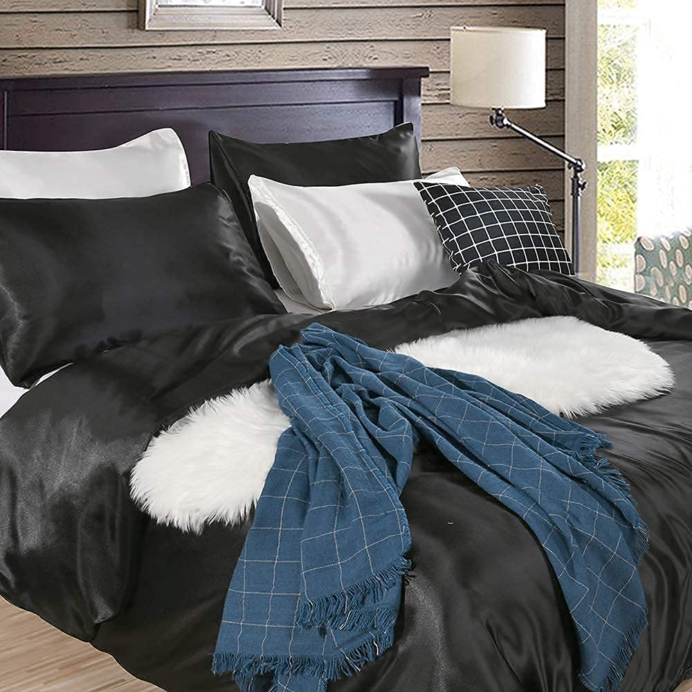 GraceVally Duvet Cover Stylish Bedding Cooling Comforter Smooth Fitted Glossy Solid Breathable and 4-Piece Semi-Double Set, Set, Cover, Sheet, Silk,