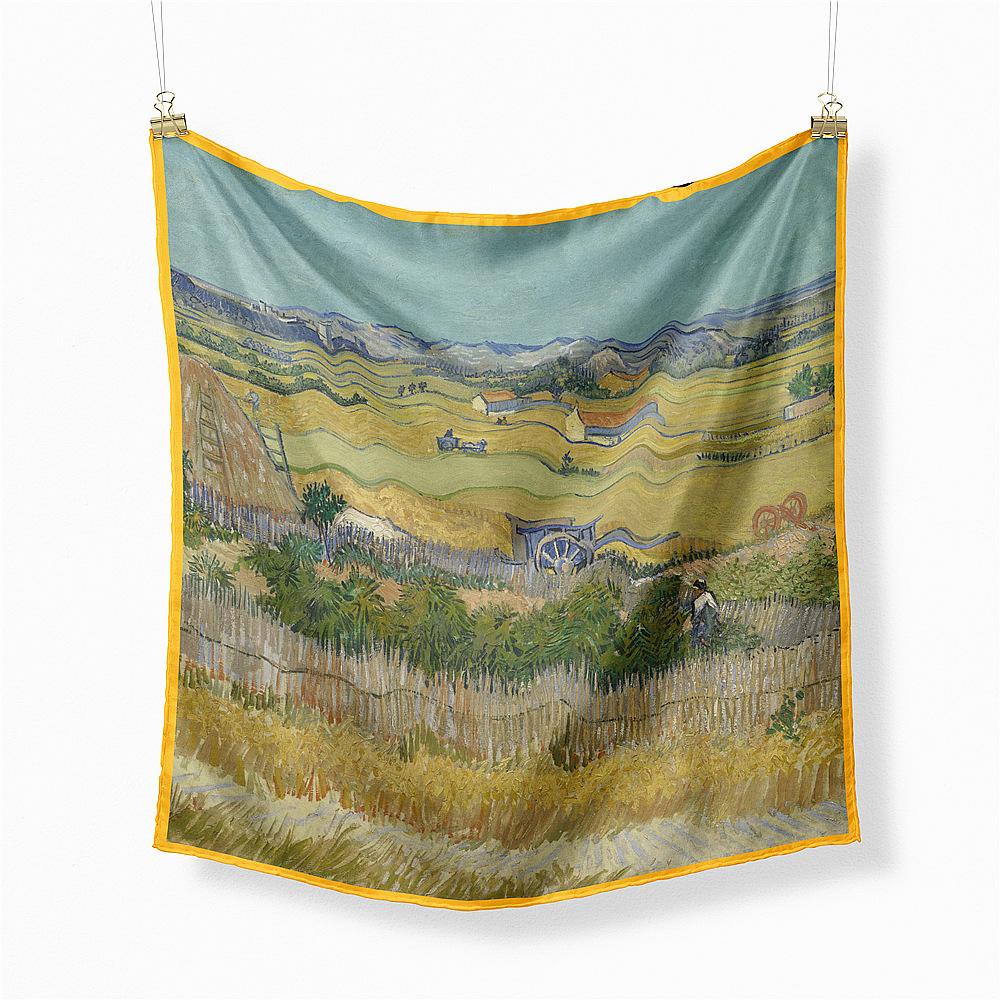 Famous Oil Painting Twill 100% Silk Scarf Fashion Bandana Women Scarf Wraps 53cm Square Scarves Hijab Head Scarf Neckerchief