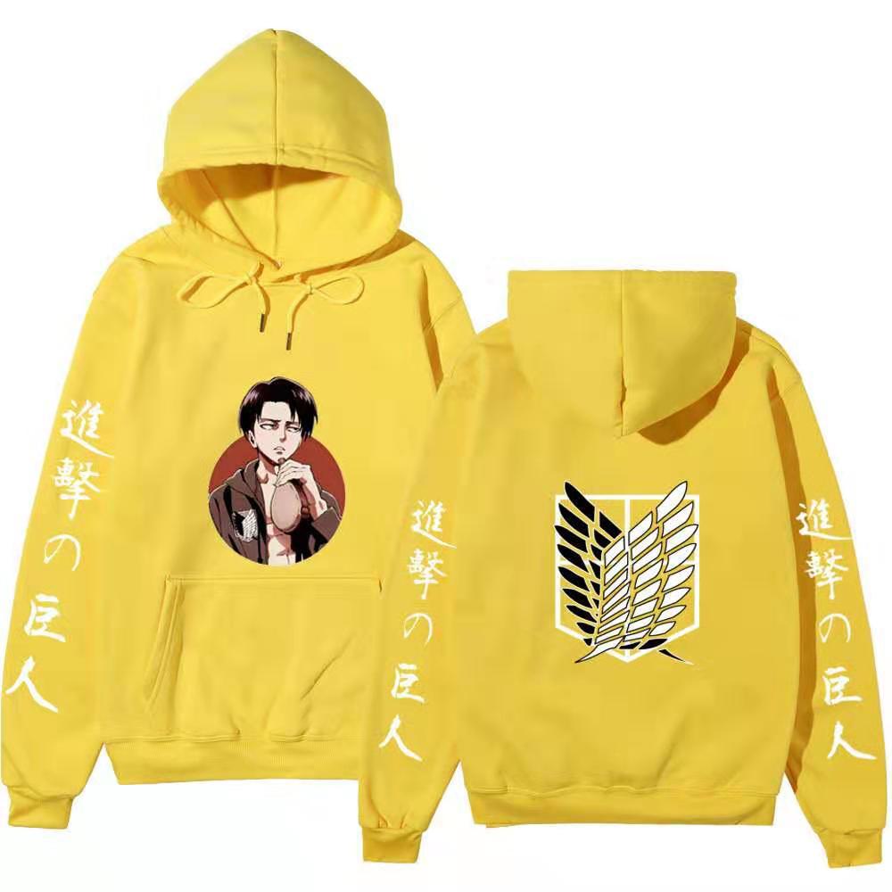 Attack On Titan Levi Ackerman Hoodie Unisex Fleece Sweatshirt, Front Character Print, Back Wings Logo, Japanese Sleeve Text, Autumn Winter Pullover