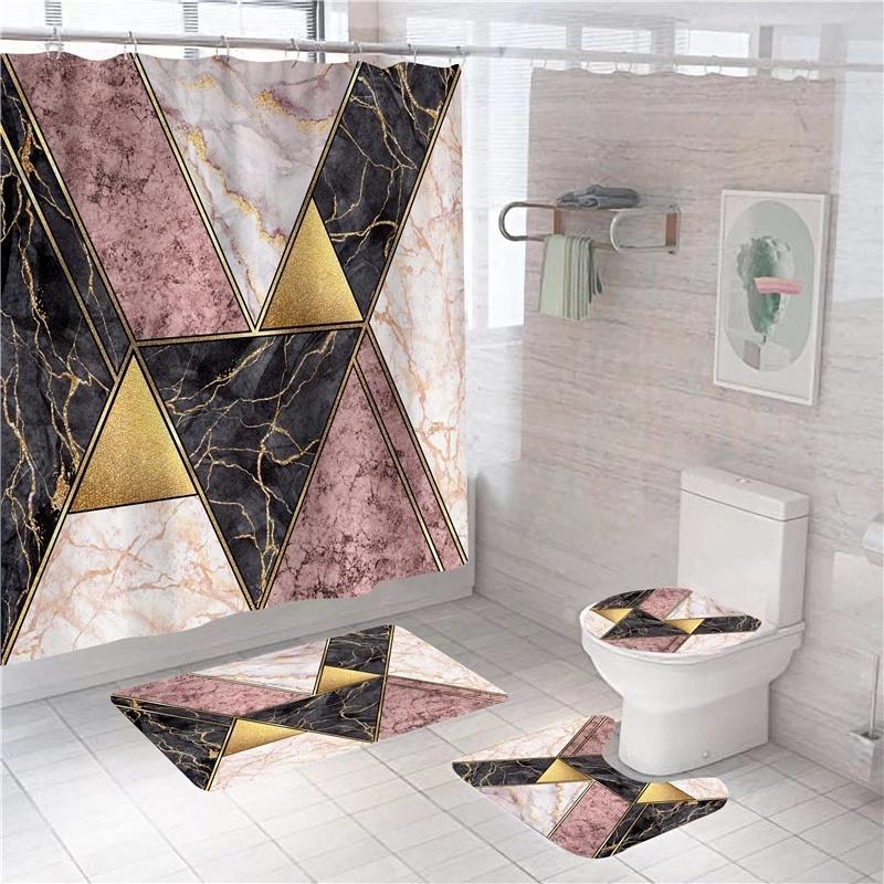 White Marble Shower Curtain Luxury Golden Modern With Non Slip Rug Mat Bathroom Curtain Waterproof Polyester Home Decor 180x180