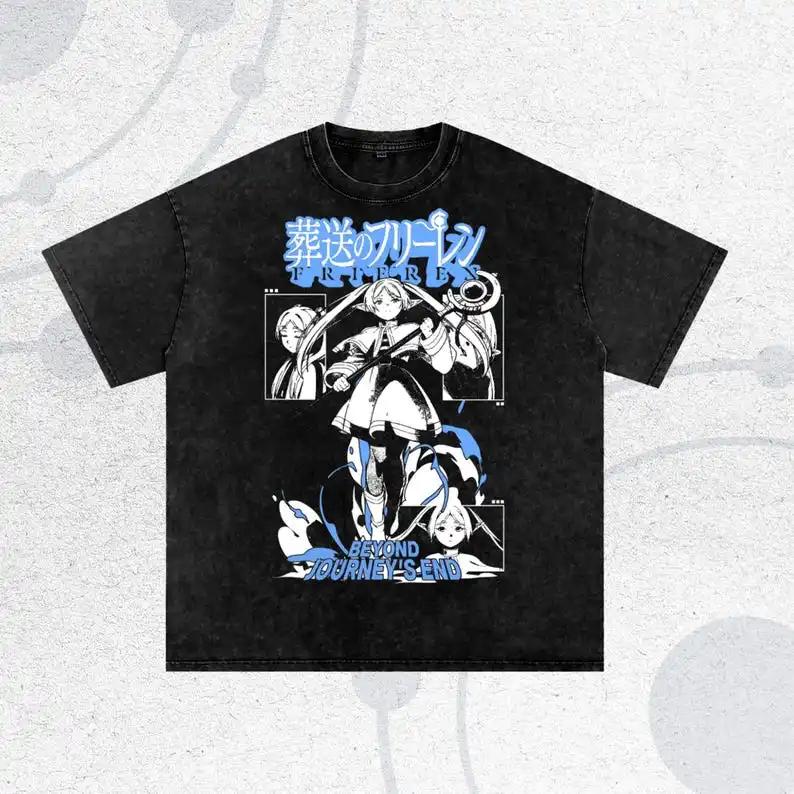 Frieren Anime Acid Washed Oversize T-shirt Fern Anime Unisex High Quality Oversized T-shirt High-end Luxury Couples High Quality