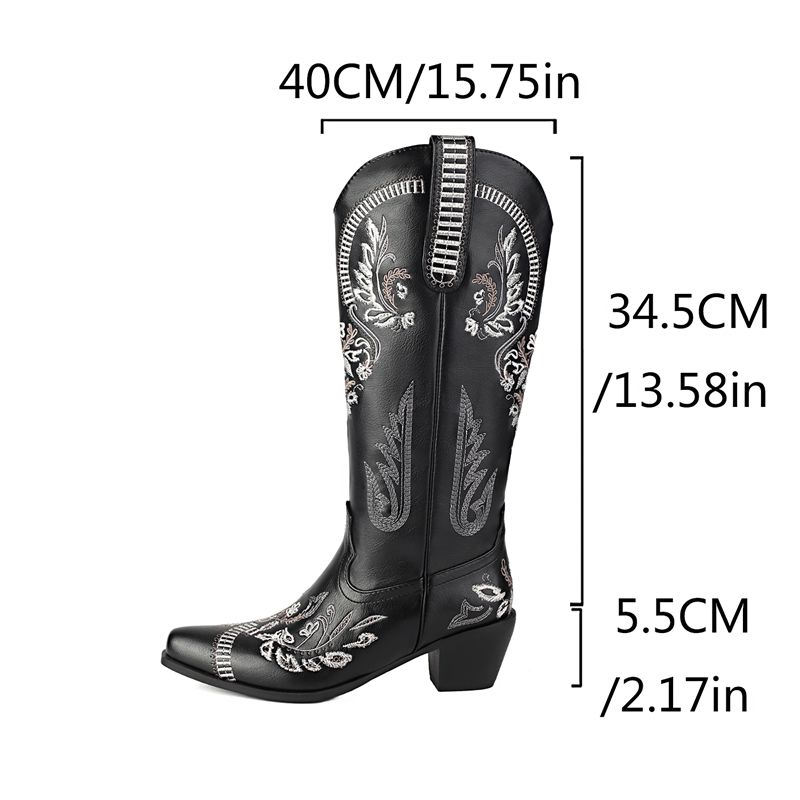 Fashion 2025 New Women Western Boots Square Toe Block Heels 5.5cm Slip on Embroidery Plus Size 43 Casual Knee High Bota