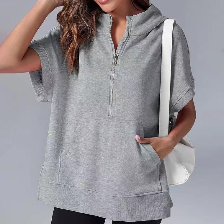 Ανοιξιάτικη Γυναικεία Μονόχρωμη Μόδα Casual Μπλούζα Φούτερ με Κουκούλα και Κοντό Μανίκι