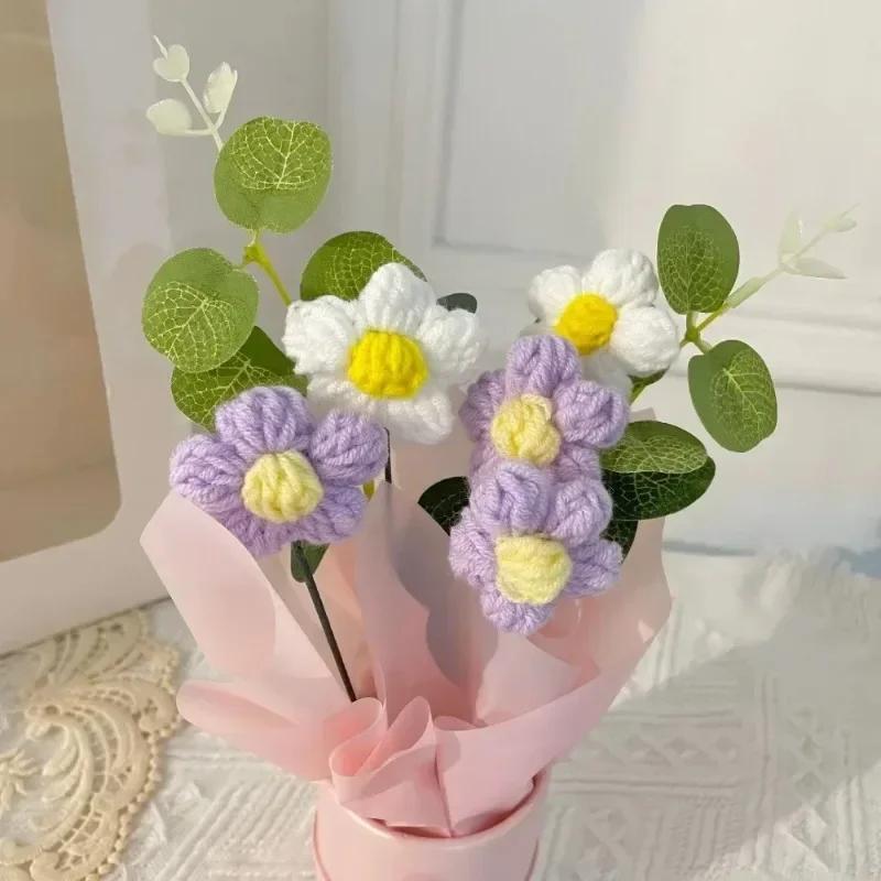 1-10PCS Knitted Flower Bouquet Gift Set Stitch Handmade Mother's Day Present Crochet Artificial Flower Bouquet Craft Home Decor