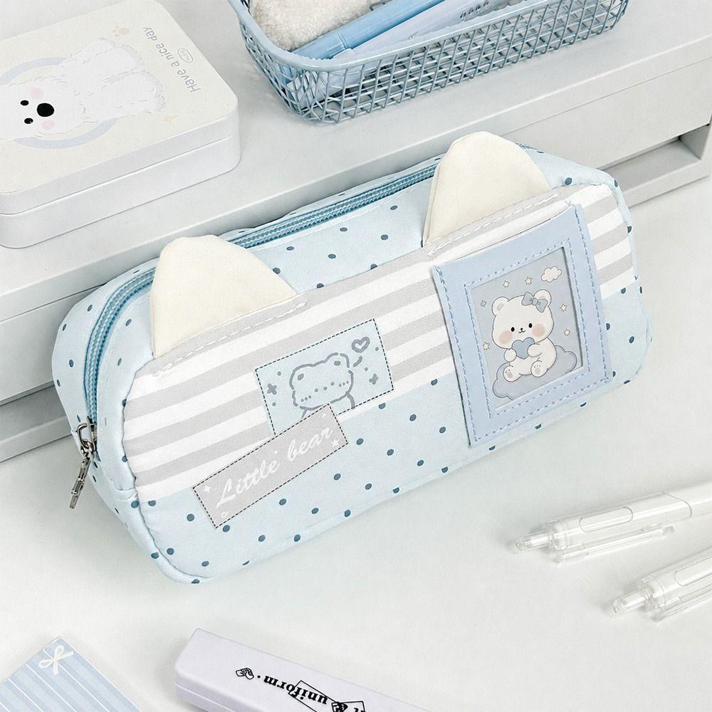 Cat Ear Design Pen Bag Multi-Layer Pencil Pouch Large Capacity Stationery Bag Gift