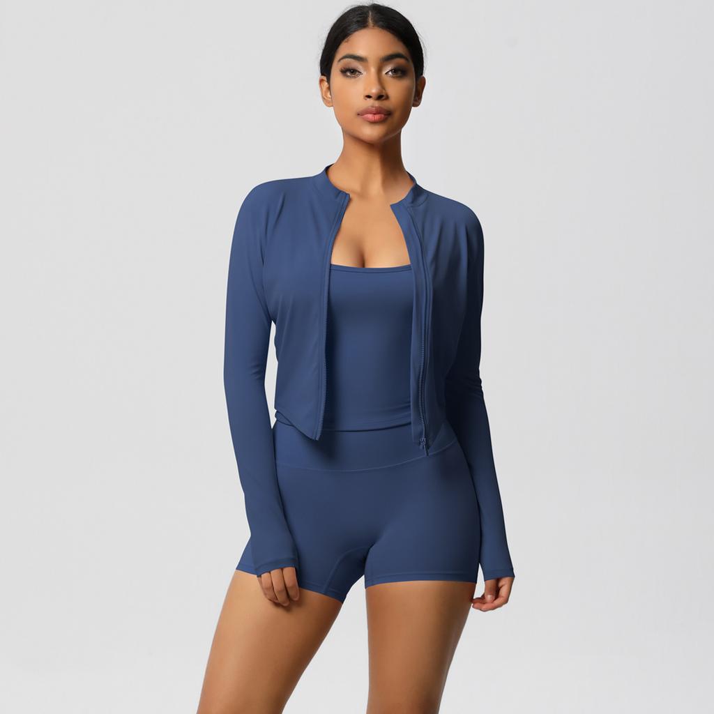 High Waisted Tight Fitting Sandblasting Yoga Suit, Naked Sensation Quick Drying Fitness Set, Outdoor Leisure Running Three Piece Set For Women