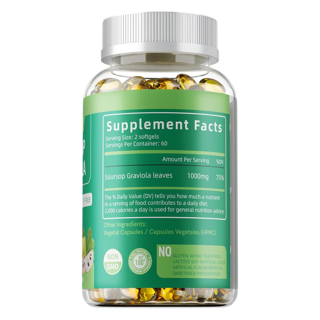 Soursop Leaf and Fruit Extract 120 Capsules High Potency 1000 Mg Supports Respiratory and Digestive Health