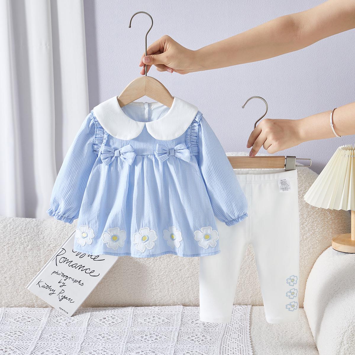 

2025 Autumn Blue Striped Korean Long-Sleeve Girls Sweet Two-Piece Set 80 cm синий