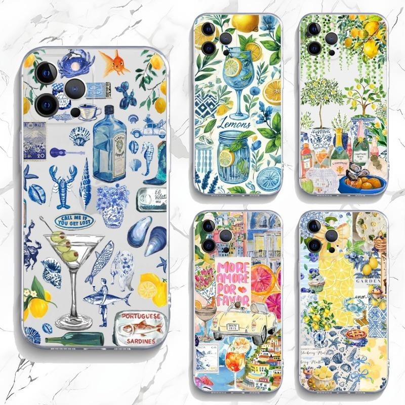 Mediterranean Style Seafood and Lemon Phone Case for iPhone 17 16 15 14 13 12 11 Series Pro Max Plus Double Layer Protection