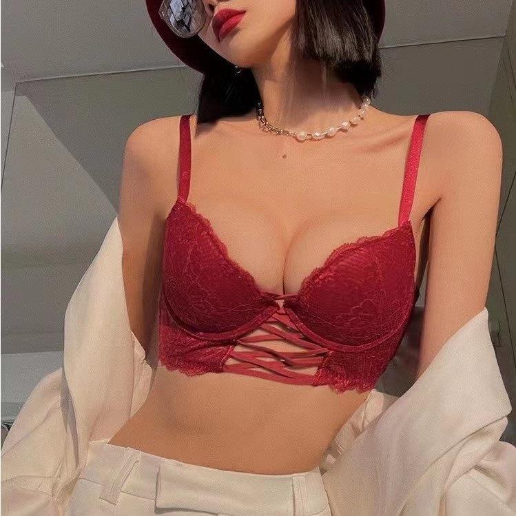 French Sexy Strap Lace Underwear Women's Upper Thin Lower Thick Gather Bra Deep V Big Bust Small Bra