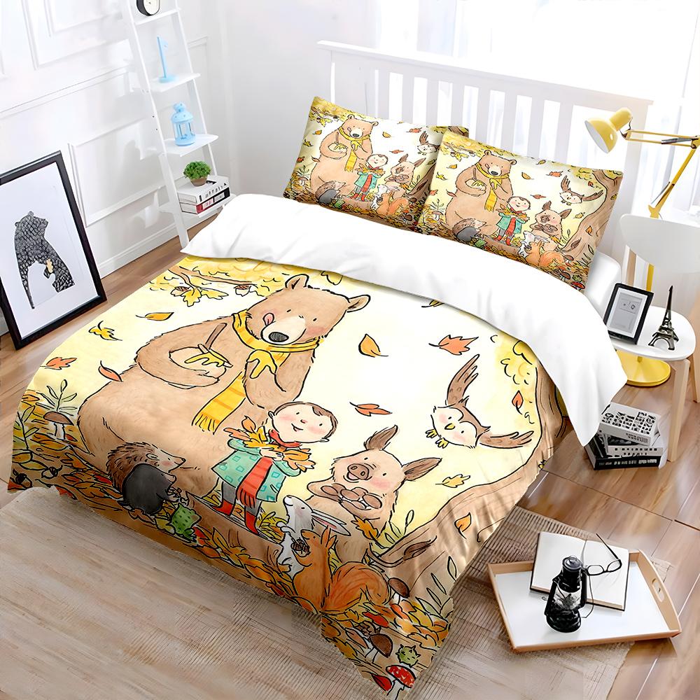 Autumn painting of a boy and small animalst Bedding Set for Kids Luxury Gift 3pcs Digital Print Comforter Set Soft Comfortable