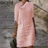 QICED Women's Fashion Summer Spring Solid Color Print Short Sleeve V-Neck High Waist Casual Dresses