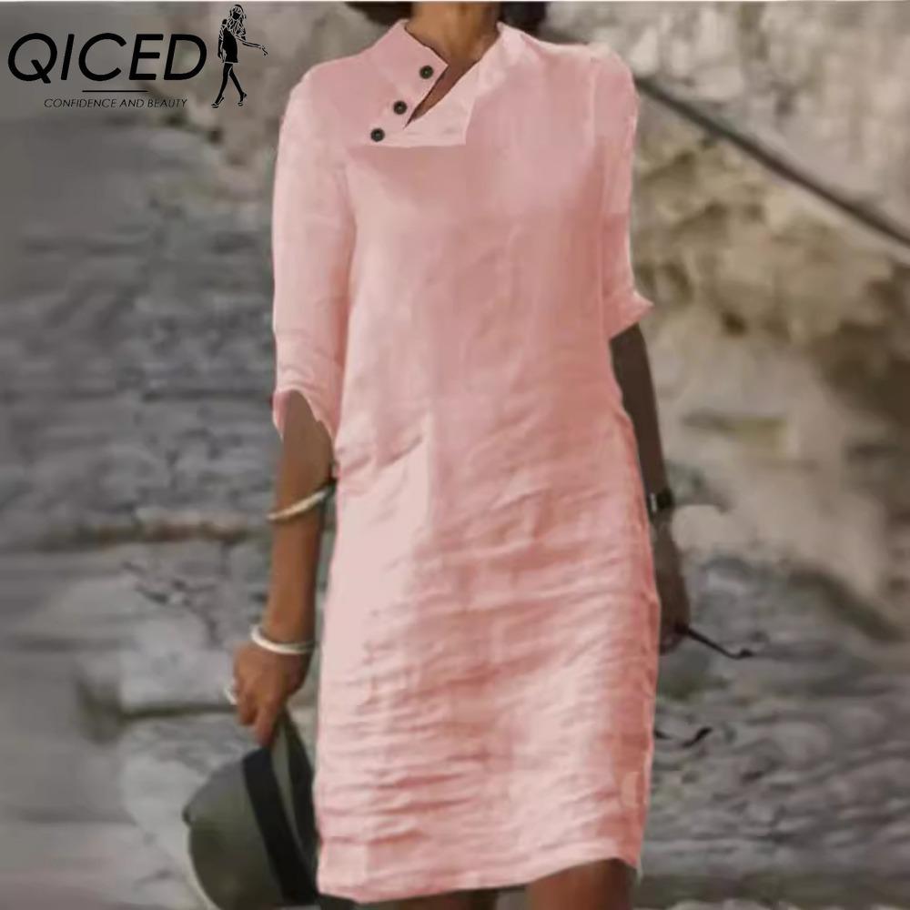 QICED Women's Fashion Summer Spring Solid Color Print Short Sleeve V-Neck High Waist Casual Dresses