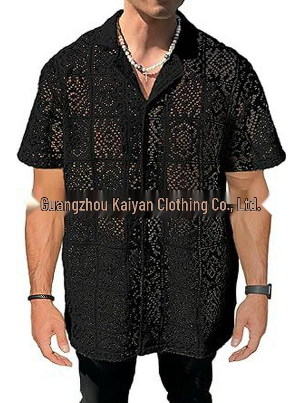 Men's Mesh Hollow-Out Short Sleeve Casual Button Shirt - Summer See-Through Twist Design