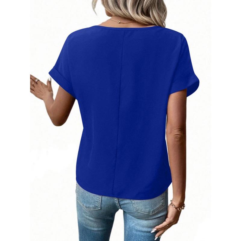 Women Summer Half Zip Pocket Detail Rolled Short Sleeve Multi Color Casual Loose Fit Blouse