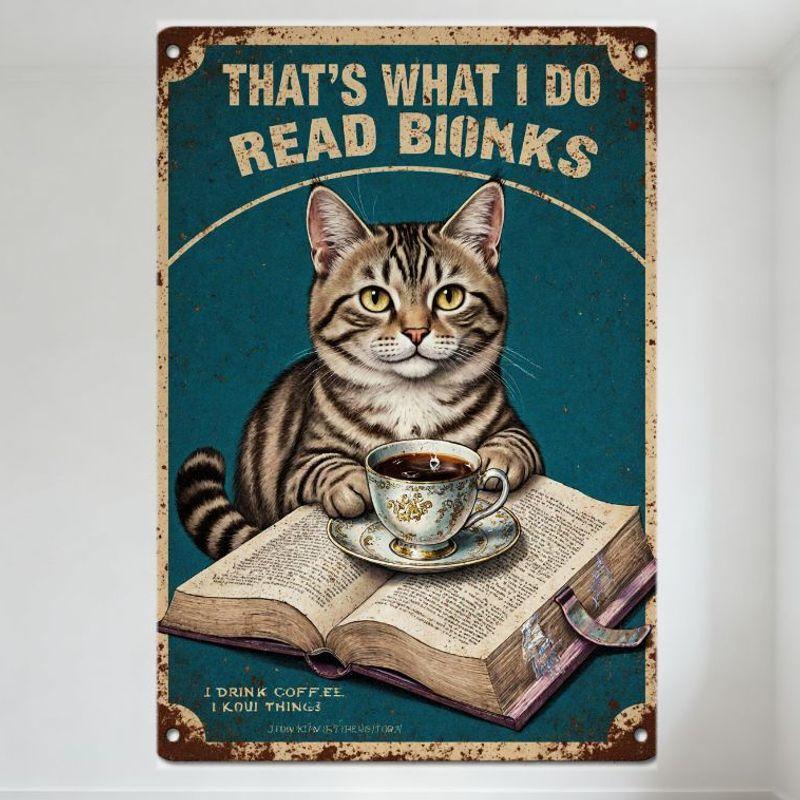

Vintage That s What I Do Read Biuncks Cat Coffee Tin Sign, Whimsical Metal Wall Decor for Bar Pub Home Cafe with Teacup & Book 20x30cm（7.8x11.8inch）