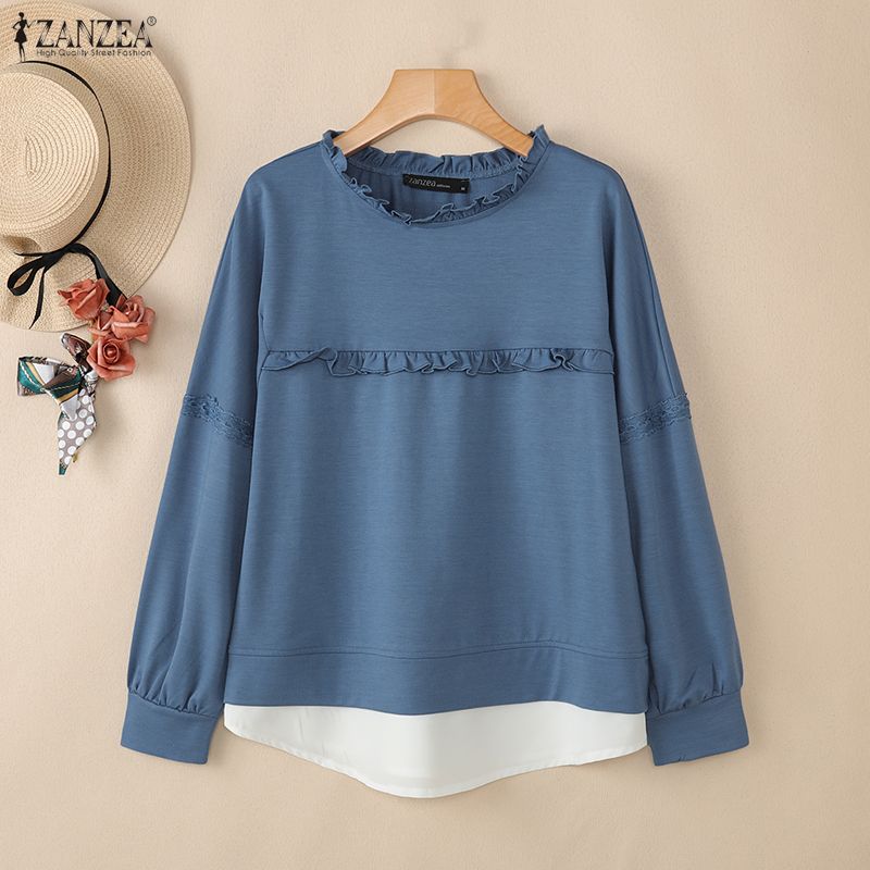 ZANZEA Women Casual Round Neck Solid Color Loose Spring Long Sleeve Tee Tops