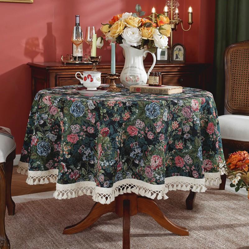 Round Vintage American Style Jacquard Tablecloth With Floral Dining Table Caf Decor